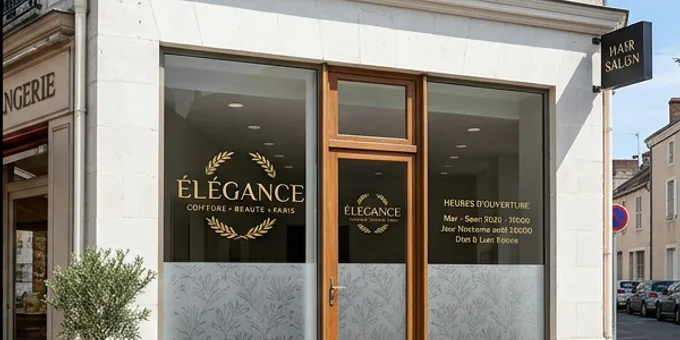 Salon de coiffure — vitrine complète