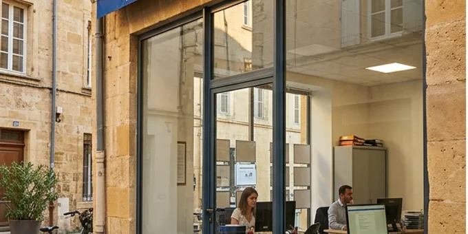 Avant : Agence immobilière — façade micro-perforé