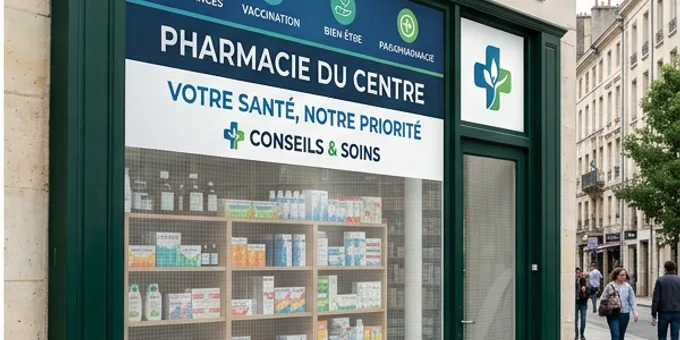 Après : Pharmacie — bandeau vitrine + film sécurité