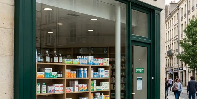 Avant : Pharmacie — bandeau vitrine + film sécurité